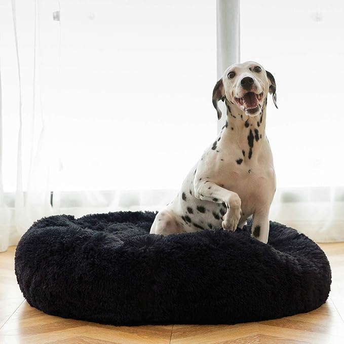 HACHIKITTY Calming Donut Cuddler Dog Bed, Round Fluffy Pet Bed for Large Dogs,Washable, Large, Black, 30'' by HACHIKITTY