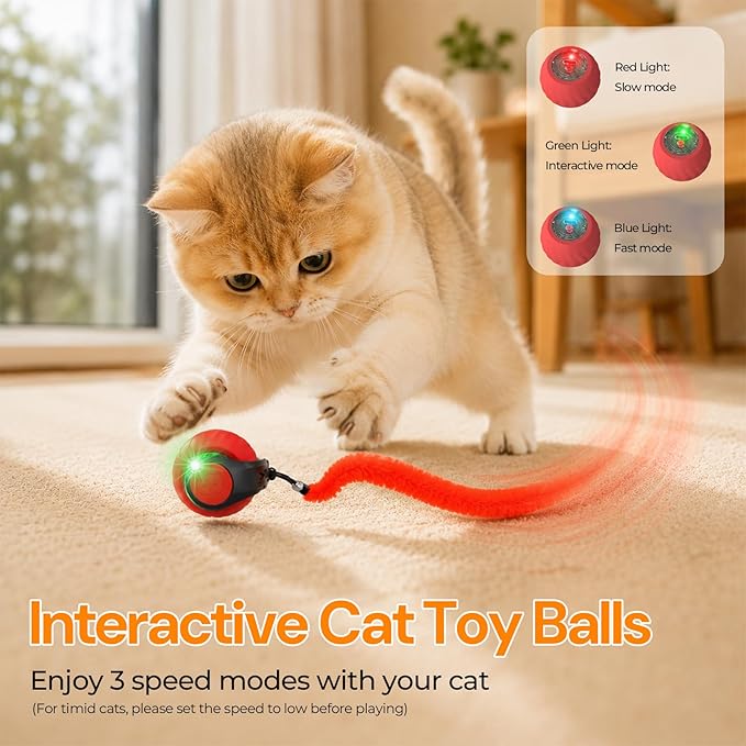 Interactive Cat Toys with Bird Sounds & 3 Speed Modes for Indoor Cats Play | Bird Sounds, 3 Speed Modes, Rechargeable Automatic Rolling, 3 Tails, Fast Charging Ball, For Indoor Cats on Hard Floor Carpet - Image 2