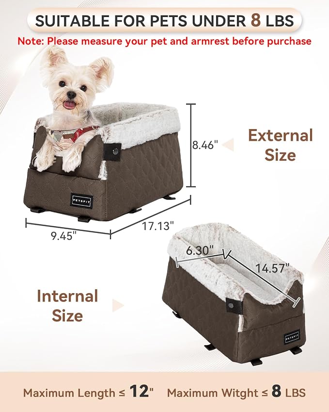 PETSFIT Dog Console Car Seat with Dual Adjustable Seat-Rail Anchor Hooks | Anti-Collapse Leather Armrest Booster Carseat with Safety Tether, Washable Cushion, Soft Pillow for Pets Under 8 lbs,Coffee - Image 3
