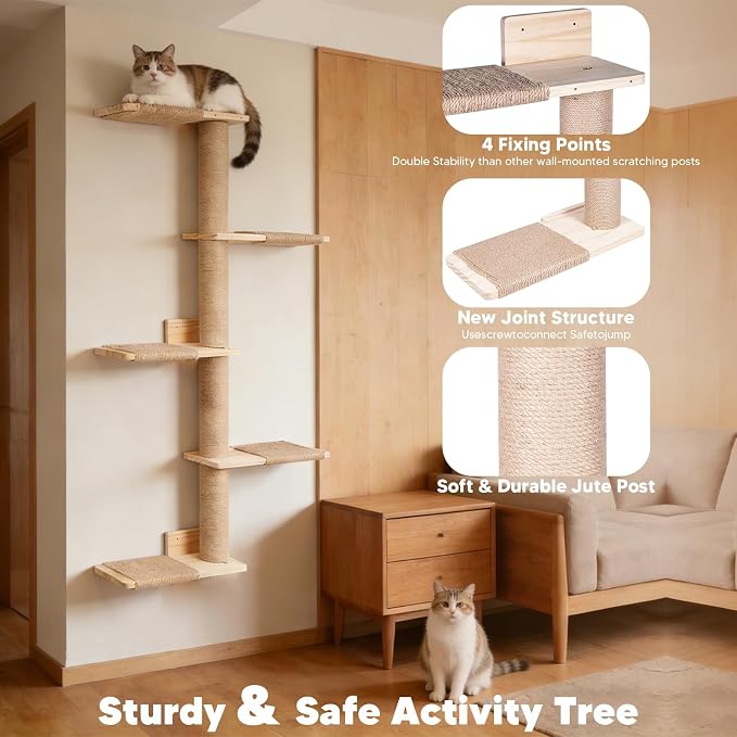 Tall Wall Cat Tree 50"‌, Wood Cat Wall Shelves Wall-Mounted Scratching Post | with Natural Jute Rope Adjustable Cat Tower for Indoor Cats (4-Tier Cat Tree, Natural Jute Color) - Image 3