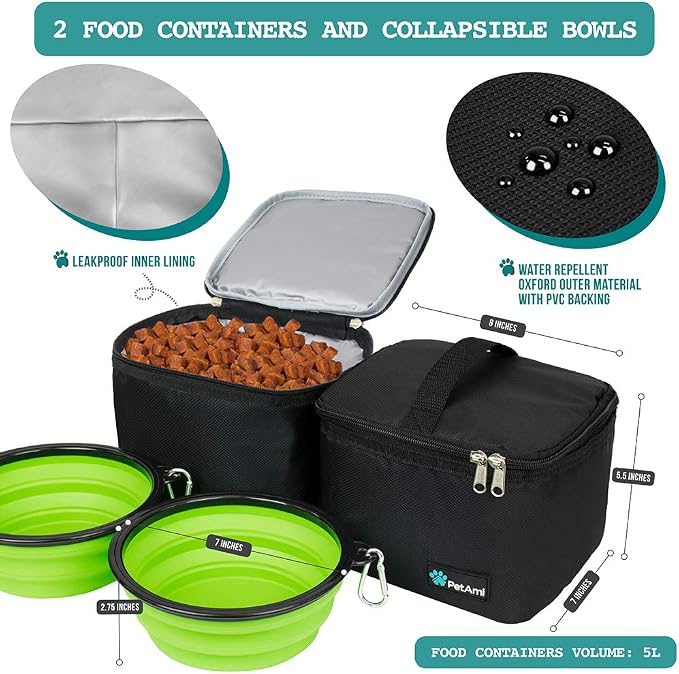 PetAmi Dog Travel Bag Organizer, Pet Supplies Tote Diaper Bag, Black Large | Pet Travel Kit with 2 Food Containers & 2 Collapsible Dog Bowls, Luggage Sleeve, Weekend Getaway Road Trip Camping Essentials - Image 3