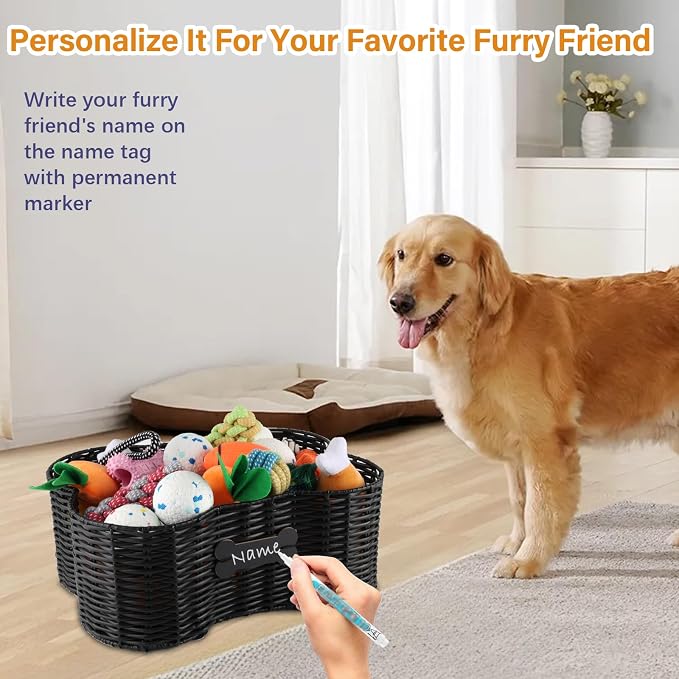 Pet Dog Toy Basket,Dog Bone Shape,Wicker Storage Bin for Dog Cat Toys with DIY Tag,Dog Toy Organizer Holder Boxes for Living Room,Handmade Poly Wicker Basket - Image 4