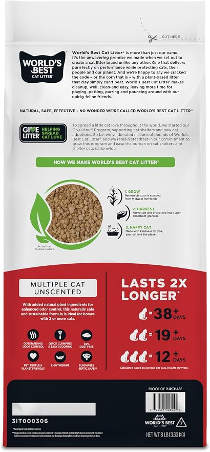 World's Best Cat Litter, Multiple Cat, Unscented, Lasts 2X Longer, 8 lb Bag | Controls tough multi-cat odors and lasts 2x longer; natural corn litter, quick clumping, flushable, 99% dust free - Image 2