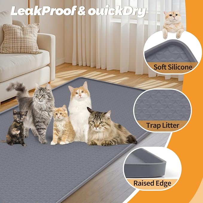 Cat Litter Mat for Litter Box 51"x25.6" Extra Large Silicone Mat,Light Grey | Waterproof Non-Slip Litter Box Mat with Raised Edges, Cat Litter Trapping Mat for Pet, Cat Litter Rug for Floor - Image 3