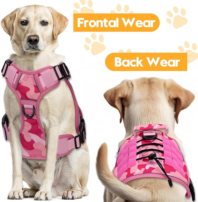 Heavy-Duty Tactical Dog Harness for Large Dogs, No Pull Adjustable Reflective Pet Vest with Molle System, K9 Military-Grade Control for Service Training, Outdoor & 10+ Breeds, Pink Camo, X-Large - Image 7