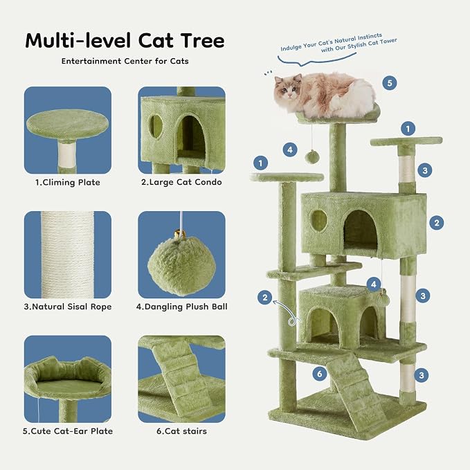 DUMOS 54-inch Cat Tree Tower with Scratching Posts, Indoor Use | Multi-Level Pet House for Large Cats with 2 Condos, Round Platform, Small Ladder and Toys, Green - Image 3