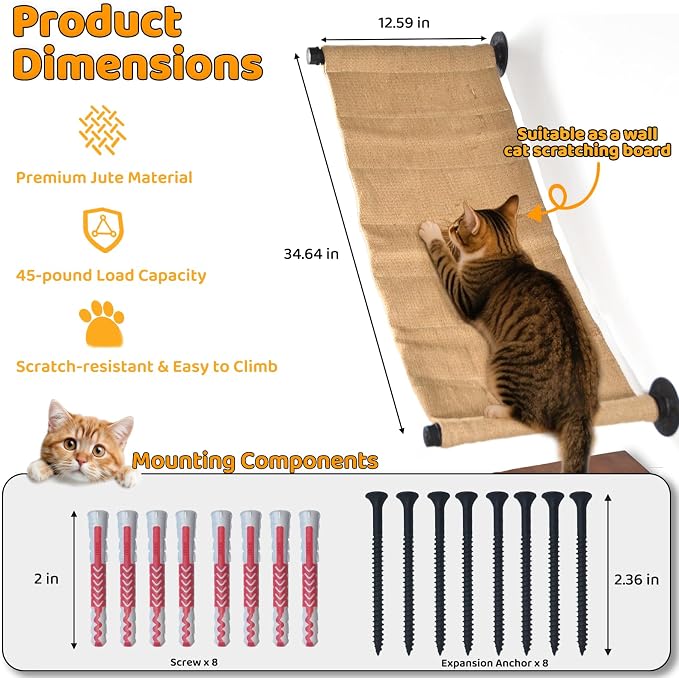 Wall Cat Scratcher Mat for Large Cats or Kittens, 34.64 x 12.59in | Wear-resistant & Scratch-resistant Jute Fabric, Cat Wall Hammock for Cats Space-Saving & Playing, Climbing & Resting - Image 2