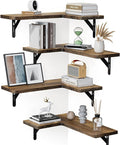Amada Corner Floating Shelves, Paulownia Wood, Set of 4, Brown | Corner Wall Shelves with Triangular Metal Bracket, 44 lbs Capacity per Shelf, L-Shaped Design for Home Decor, Office, Bedroom by AMADAHOMEFURNISHING