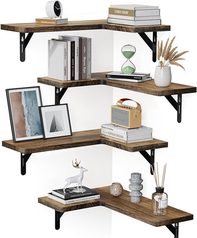Amada Corner Floating Shelves, Paulownia Wood, Set of 4, Brown | Corner Wall Shelves with Triangular Metal Bracket, 44 lbs Capacity per Shelf, L-Shaped Design for Home Decor, Office, Bedroom by AMADAHOMEFURNISHING