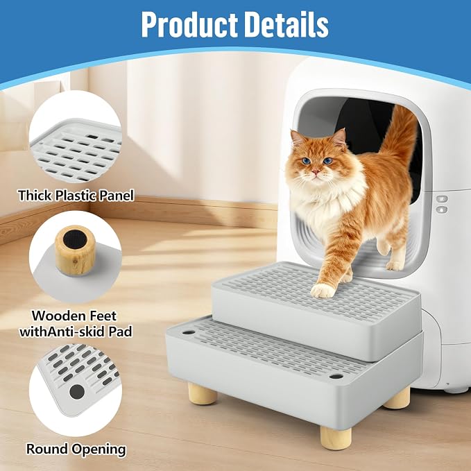 Extra Large 2 Steps Cat Litter Box Step Ramp, Cat Litter Catcher Mat with Wooden Feet, Filter Function, Cat's Pedal Stool for Self-Cleaning Litter, Suitable Kitten & Elderly Cats (Light Grey) - Image 4