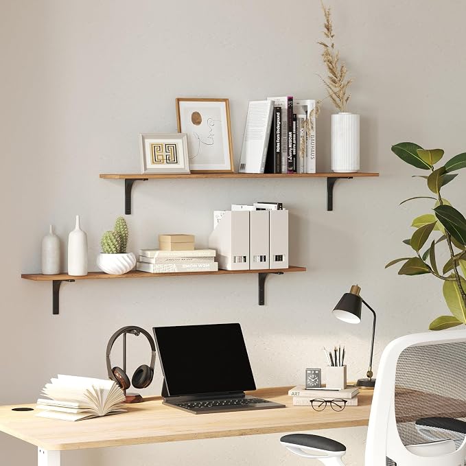 Long Wall Shelves, 31.5Inch Wooden Wall Mounted Shelves, Set of 2 | Floating Book Shelf, Metal Bracket Easy Assembly, Max Load 22lbs, Wall Storage Ledges, Bedroom/Bathroom/Kitchen, Rustic Brown - Image 9