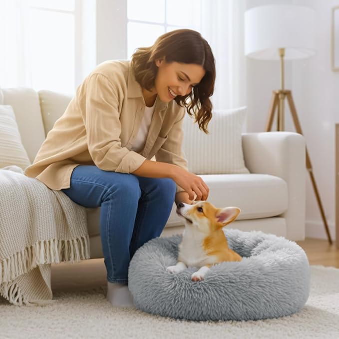Calming Donut Dog Bed for Small Dogs, Anti-Anxiety Round Washable Plush Fluffy Faux Fur Large Cat Bed, 24 inches Fits up to 25 lbs Pets, Anti-Slip Waterproof Mute Base Gray - Image 6