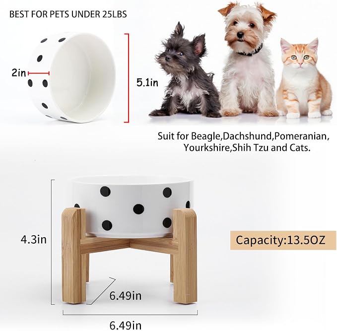 Petygooing Elevated/Raised Ceramic Dog Bowl for Small Breeds, Dog Food Water Dish with Stand,Pet Feeding Bowl with Anti Slip Rubber for Cats and Small Dogs Puppy 13.5 OZ (5.1In / 1.7 Cups) Black Dot - Image 3