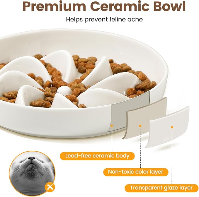 PETTOM Slow Feeder Cat Bowl with Stand, Ceramic Slow Eating Cat Bowl with Higher Edges, Elevated Cats Food Bowls for Dry and Wet Food Anti-Vomiting Puzzle Feeder for Healthy Eating Diet - Image 7