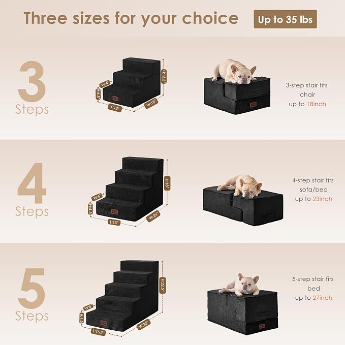 EHEYCIGA Dog Stairs for Small Dogs 13.5" H, 3-Step Dog Steps for Cats, Black - Image 3