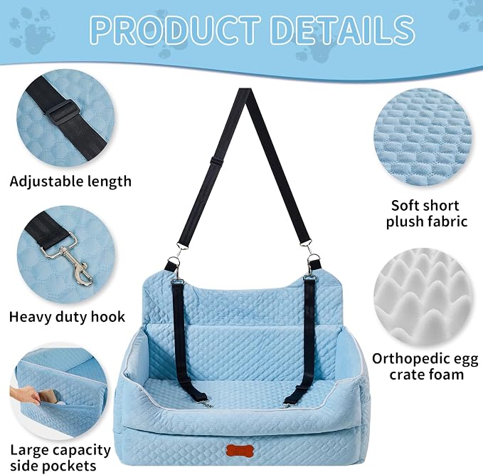 Dog Car Seat for Medium & Large Dogs Up to 55 lbs or 2 Small Dogs, Blue | Memory Foam Elevated Booster Seat with Safety Belts, 4-Inch Thick Cushion, Storage Pockets and Removable Washable Cover - Image 5