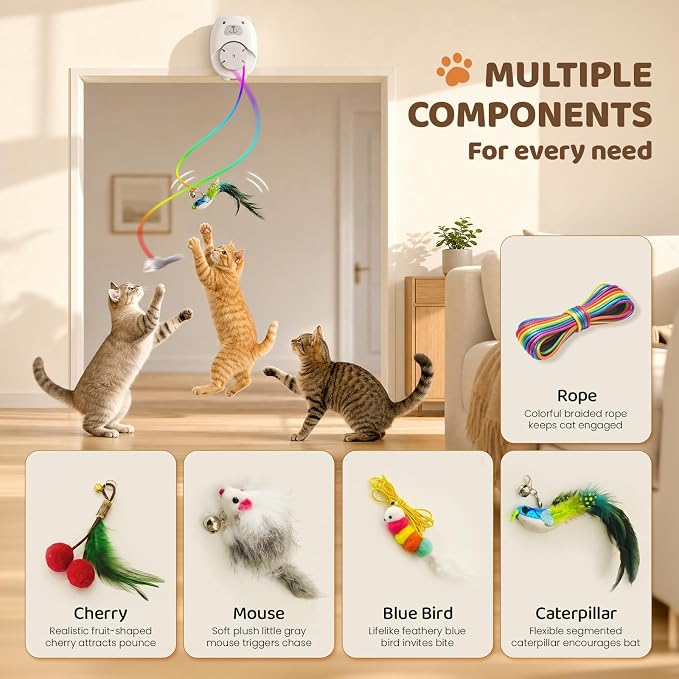 Interactive Cat Toys for Indoor Cats, Automatic Rechargeable Hanging Feather Wand with Flying Motion, 4 Packs Replaceable Accessories, Exercise Enrichment Toy for Cats, Long-Lasting USB Charging - Image 7