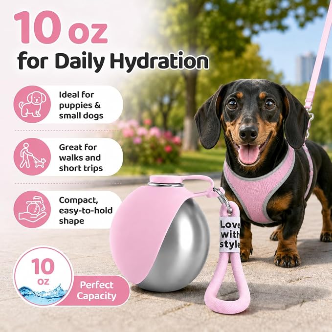 Portable Pet Dog Water Bottle with Silicone Collapsible Bowl, 10 oz Pink | Stainless Steel Pet Travel Dispenser with Rope | Dogs on Walks Hiking Accessories | Puppy Small Pets Essentials - Image 7