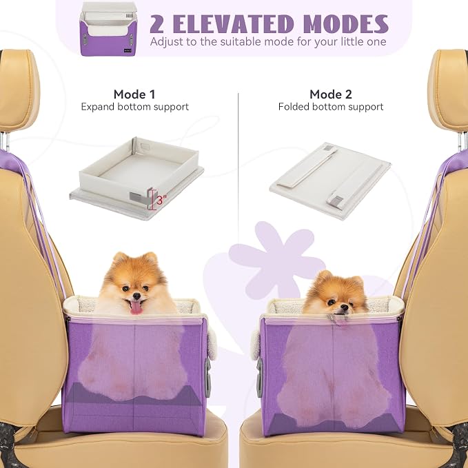 PETSFIT Small Dog Car Seat – Patented Safety Buckles – Safety Tether – Foldable Travel Dog Booster Car Seat Reduces Anxiety & Road Trips – Stable Frame, Soft Cushion, Fits Front/Back Seat (Purple) - Image 4