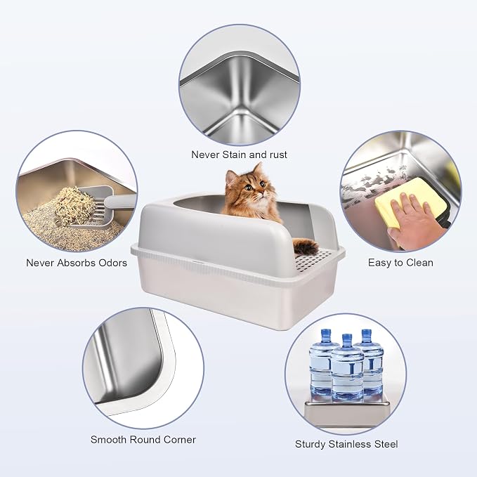Henkelion 2 Pack Stainless Steel Cat Litter Box with Lid, 20" L x 14.2" W x 11.8" H, Extra Large Litter Box for Big Cats with High Sided, Anti-Urine Leakage, Easy Cleaning, Include Cat Mat and Scoop - Image 3