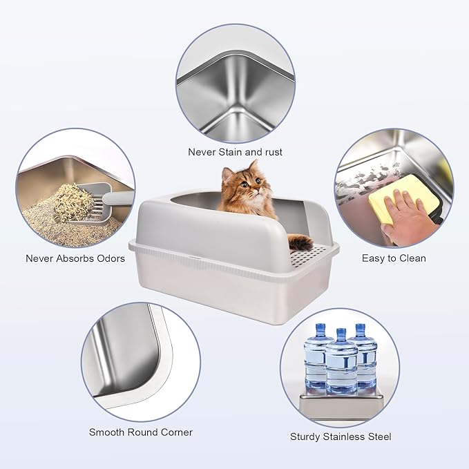 Henkelion Stainless Steel Cat Litter Box with Lid, 20" L x 14.2" W x 11.8" H, Extra Large Litter Box for Big Cats with High Sided, Anti-Urine Leakage, Easy Cleaning, Include Cat Mat and Scoop - Image 3