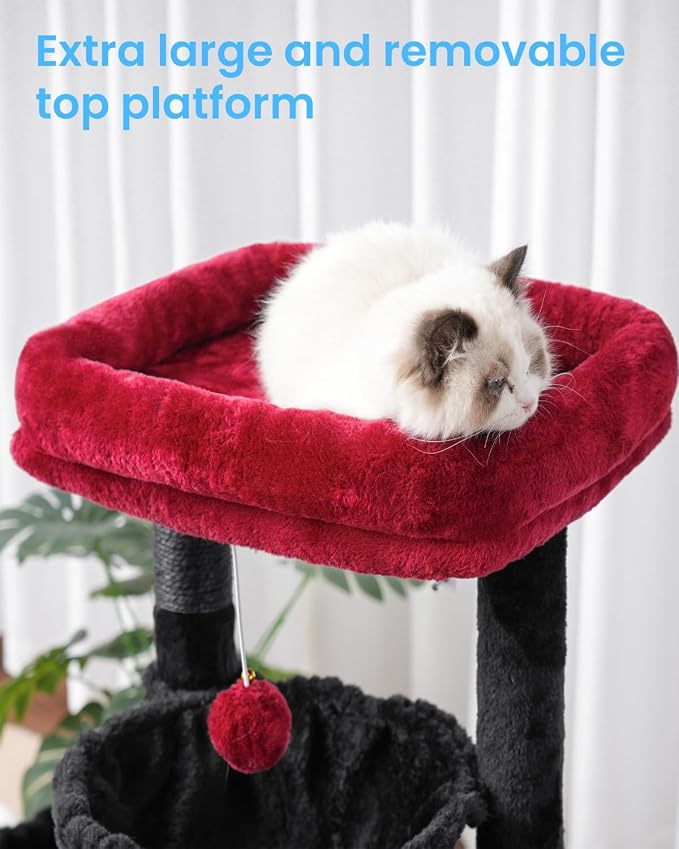 Hey-brother Cat Tree Tower with Large Bed, Hammocks, Scratcher, MPJ006SBR | 35.4 Inches Cat House with Cozy Condo, Sisal Scratching Posts for Indoor Cats, Black and Red - Image 4