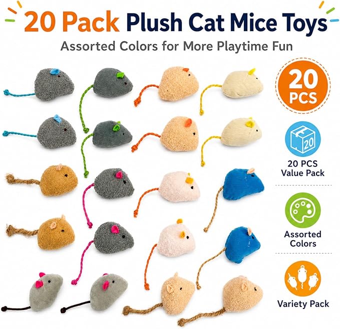 20-Pack Catnip Mouse Toys - Assorted Colors, Plush Mice with Catnip, Interactive Cat Toys for Indoor Kittens & Adults, Durable Cat Teaser Set - Image 2