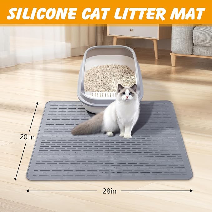 Silicone Cat Litter Mat, Waterproof, Raised Edge, 28 x 20 in, Gray | Quick-clean silicone, leakproof floor protection, non-slip base, doubles as feeding mat - Image 3