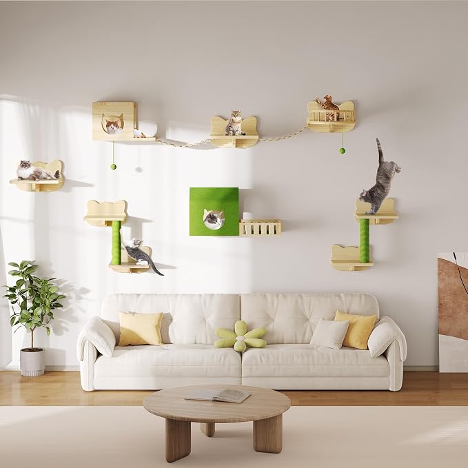 DWVO Cat Wall Shelves and Perches for Wall, Solid Wood Wall Mounted Cat Furniture, Set of 15 Cats Climbing Shelves for Large Cats with Green Wall House & Fence, Steps, Bridge Ladder, Scratching Posts by DWVO