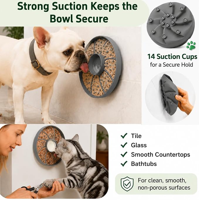 Slow Feeder Dog Bowl Silicone Suction Cup Anti Spill Dogs Cats Grey | strong suction base prevents sliding, extends mealtime, reduces anxiety, textured surface, dishwasher safe - Image 4