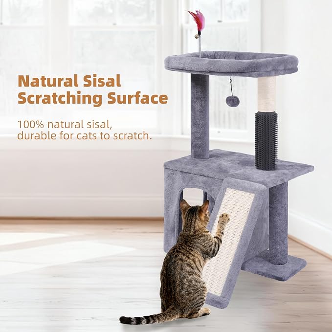 Cat Tree with Self-Grooming Brush and Interactive Toys, Cat Tree Tower for Indoor Cats, Cat Tower with Sisal Scratching Post and Scratching Pads, Cat Condo with Padded Perch, Grey - Image 5