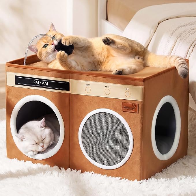 Retro Radio Cat House, Large Foldable Cat Bed Indoor Cat Cave | Spacious Multi-Cat Sleeping Hideaway Pet Nest, Non-Sticky Fur Fabric, Scratch Pad & Bendable Antenna Ball 13×19.7×15.8 Inches by Mellownido