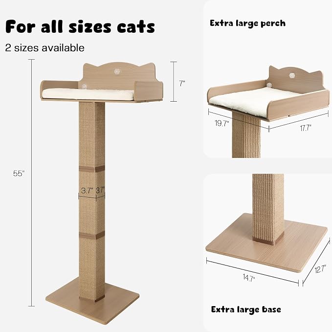 Cat Window Perch with Thick Sisal Scratching Post, Cats Hammock for Window with 3 Upgrade Suction Cups, 55" Adjustable Tall Cat Scratching Post with Large Perch, Cats Window Bed with Fluffy Cushion - Image 3