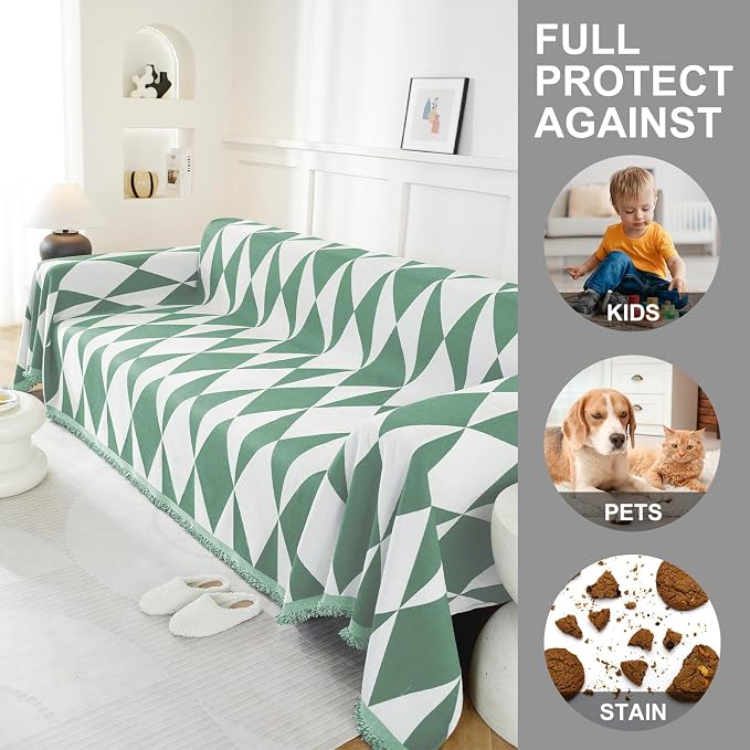 Couch Cover for Sofa, Boho Sofa Cover Washable Couch Cover for Dogs, Pet Sofa Cover for 1-Cushion Couches with Tassel Furniture Protector Cover,71" x 91",Pea Green-Diamond - Image 4