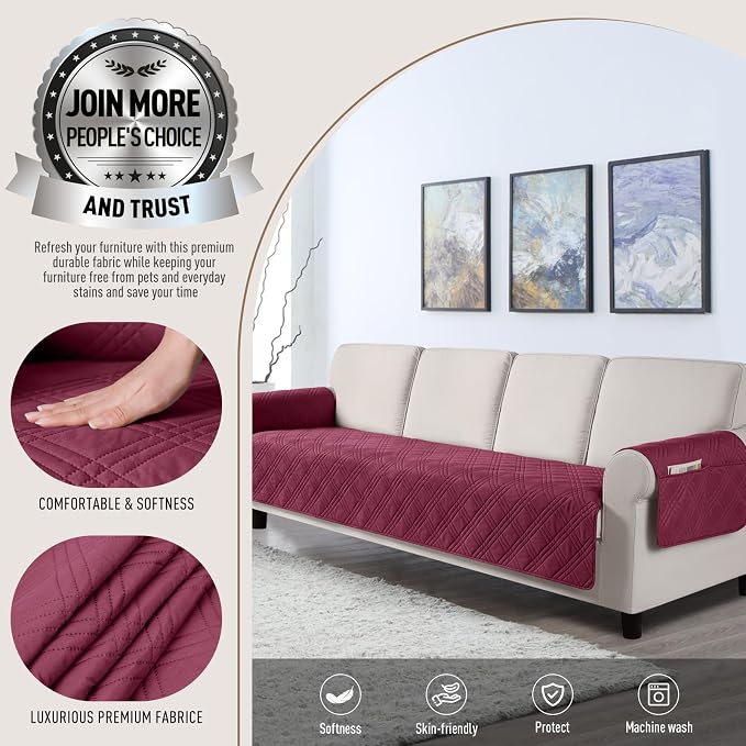 TAOCOCO Waterproof Large Couch Covers for Dogs, Non Slip Sofa Cover, 78.7'' | Washable Oversized Couch Covers with Arms for 3 Cushion Couch, Dog Sofa Cover Protector, Pockets & Backless Design, Wine - Image 2