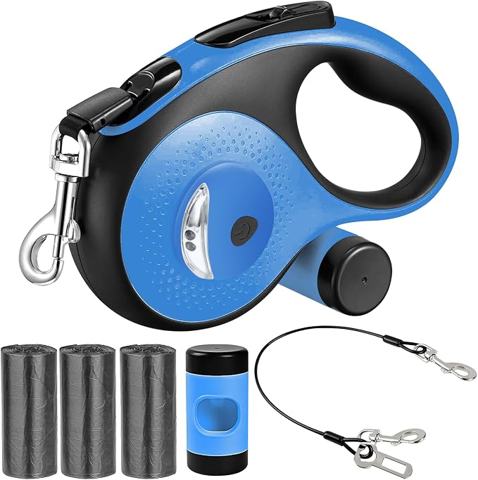 26Ft Retractable Dog Leash - for Dog Up to 110lbs, Tangle Free Walking Leash with Chew Proof Cable | LED Light | Dispenser | Poop Bags, Quick Lock Braking & Non-Slip Handle (Blue) by Homesuppliesanddogsupplies