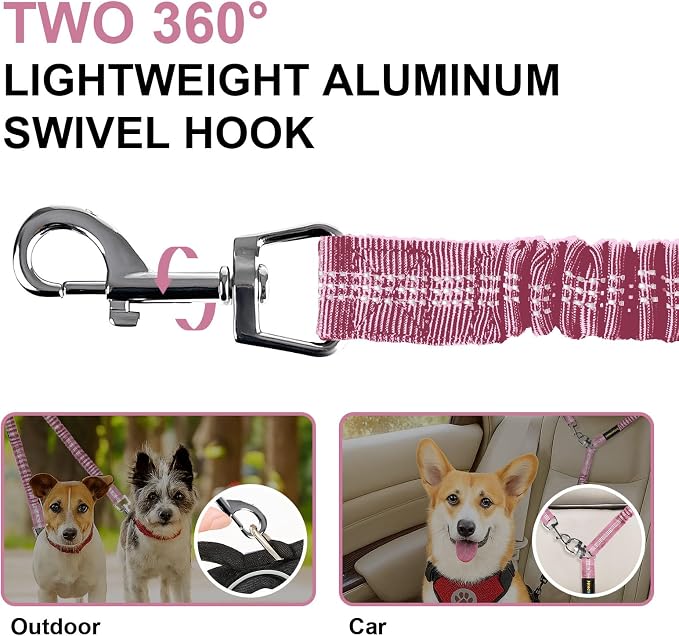 MingXpet 2 Dog Leash, Dog Leash for 2 Dogs, 360° Swivel No Tangle Double Walking Training Leashes for Large Dogs that Pull, Comfortable Shock Absorbing Reflective Bungee, Pink - Image 3
