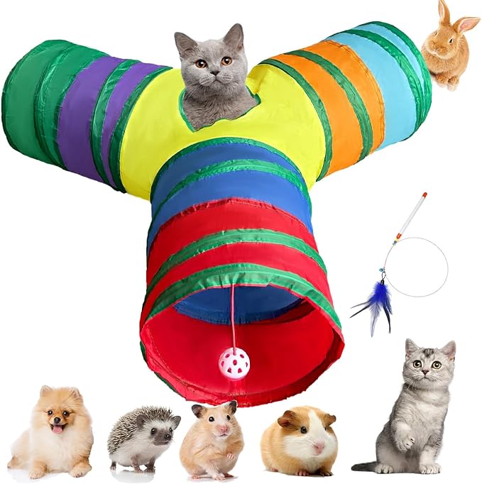 3-Way Collapsible Cat Tunnel Tube Toy Rainbow Y — Interactive Play Tunnel with Hanging Ball & Peek Hole for Indoor Cats, Kittens, Puppies & Rabbits | Hours of Fun & Exercise - Image 3