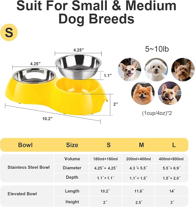 Stainless Steel Dog Bowls Set – Dual Non-Slip Pet Dishes with 2 Small (4oz*2) Bowls & Durable Resin Stand,Food & Water Feeder for Puppies, Kittens, and Small Breed Dogs – Yellow - Image 2