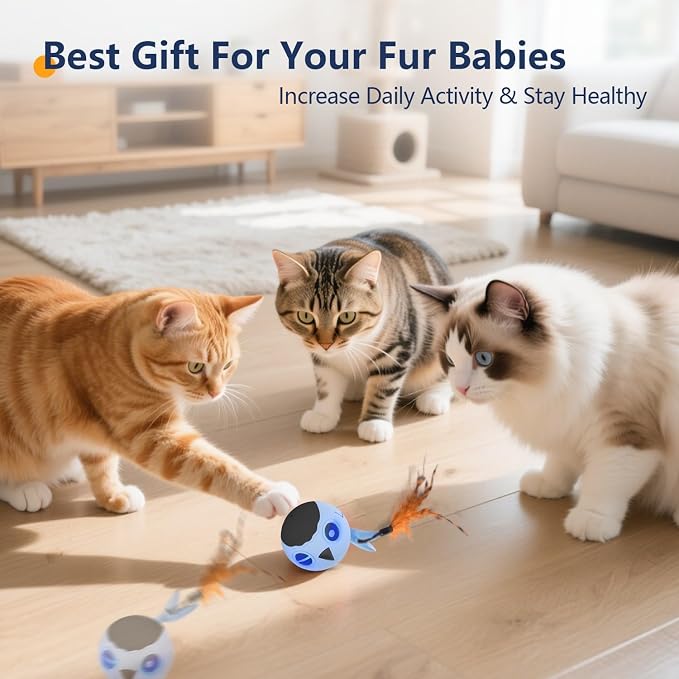 Cat Toys Ball, Smart Motion Sensor Moving Ball with 4 Sounds& 3 Speed Modes | Interactive Automatic Cat Toy for Indoor Cats,Fast Rolling Motion Activated Chirping Stimulating Light, 2 Feather Refill - Image 8