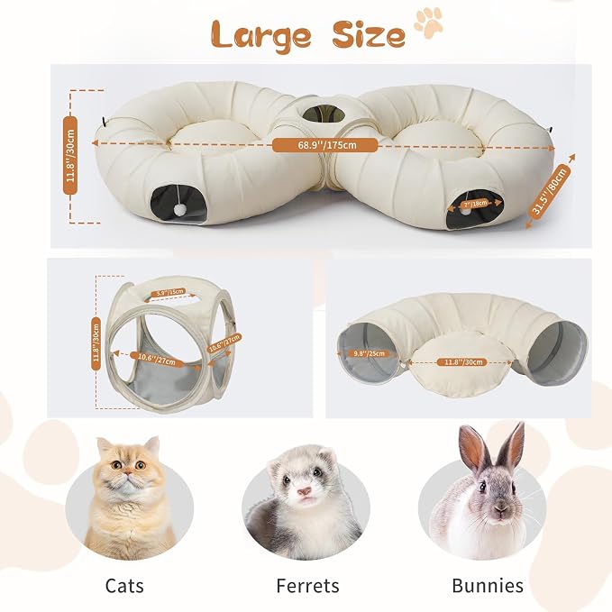 Pawaboo 2-in-1 Cat Tunnel Bed, 8-Shaped Cat Tunnels, Beige | Foldable Cats Cave Hideout Kitty Toys with Fluffy Balls, Donut Tunnel for Kitten Rabbit Ferret - Image 6