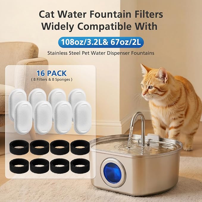 16 Pack Cat Water Fountain Filters for Stainless Steel Pet Water Dispenser | 108/3.2L& 67oz/2L& 4L/135oz Cat/Dog Fountain Filter Replacement(8 Filters & 8 Sponges) - Image 2