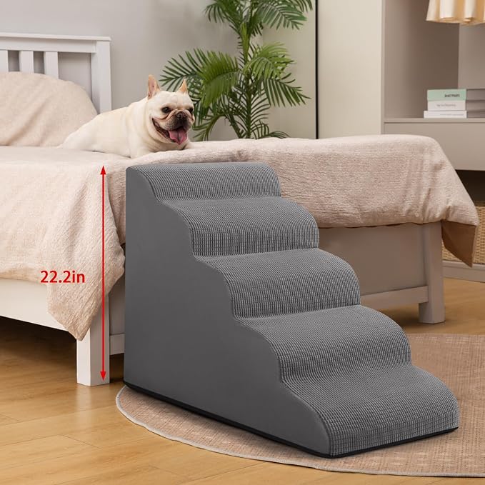 Aodisman Dog Stairs for High Bed,5-Step Pet Ramp for Small Dogs and Cats | 22.2" H Dog Steps for Bed with High-Density Foam, Help Olders,Short-Legged Dogs,Puppy and Cats Get on Beds Easily,Grey,Grey - Image 5