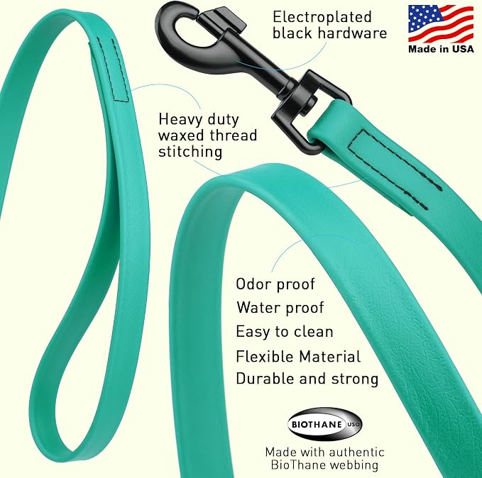 Dogline Biothane Waterproof Dog Leash Strong Coated Nylon Webbing with Black Hardware Odor-Proof Easy to Clean High Performance for Small or Large Dogs Made in USA 4 or 6 ft Lead, Teal - Image 2