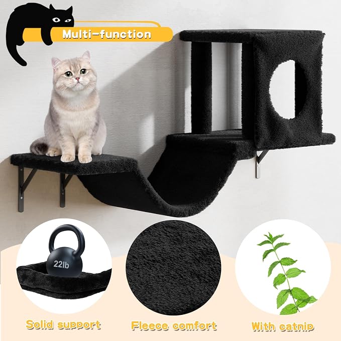 12-in-1 Cat Wall Shelves, Luxury Wall-Mounted Cat Climber Set | with Condos House, Scratching Post, Bridge Ladder, Indoor Space-Saving Furniture for Kittens, Black - Image 4