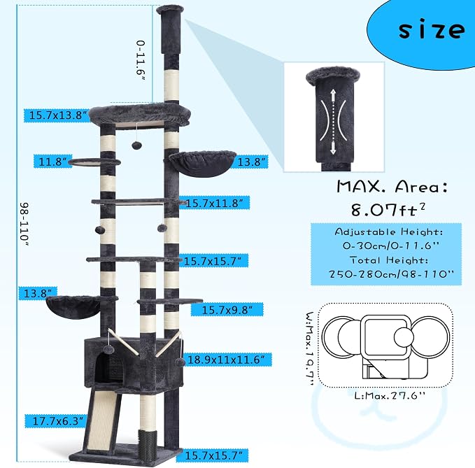 Hey-brother Cat Tree Tower, Adjustable Height, Floor to Ceiling, MPJ091G | 94.5-106.3 Inches Multi-Level Cat House, Scratching Posts, Plush Condo, Platform, Toy Ball for Indoor Big Cats, Smoky Gray - Image 3