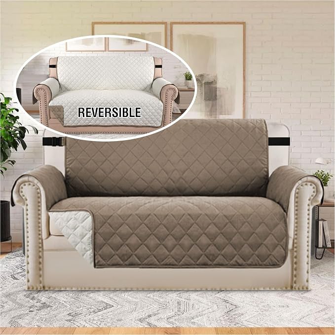 H.VERSAILTEX Water Repellent Loveseat Cover Loveseat Slipcover for Dogs Couch Protector Reversible Couch Cover for 2 Cushion Couch Furniture Protector for Pets(Oversized Loveseat, Taupe Brown/Beige) - Image 3