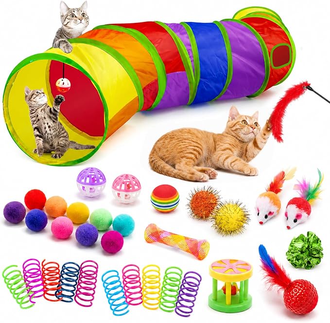 AILUKI 33PCS Cat Toys Variety Pack for Indoor Cats, Kitten Toys Cat Tunnel | Kitten Toys for Indoor Kittens Cat Toy Bundle Set with Feather Teaser Wand, Springs Balls Bell Mice & Interactive Cat Toys by AILUKI