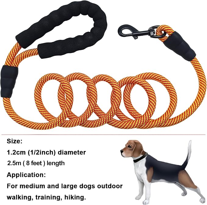 MayPaw Heavy Duty Rope Dog Leash, 3/4/5/6/7/8/10/12/15 FT Nylon Pet Leash, Soft Padded Handle Thick Lead Leashes for Large Medium Dogs (Orange, 1/2" * 8') - Image 6