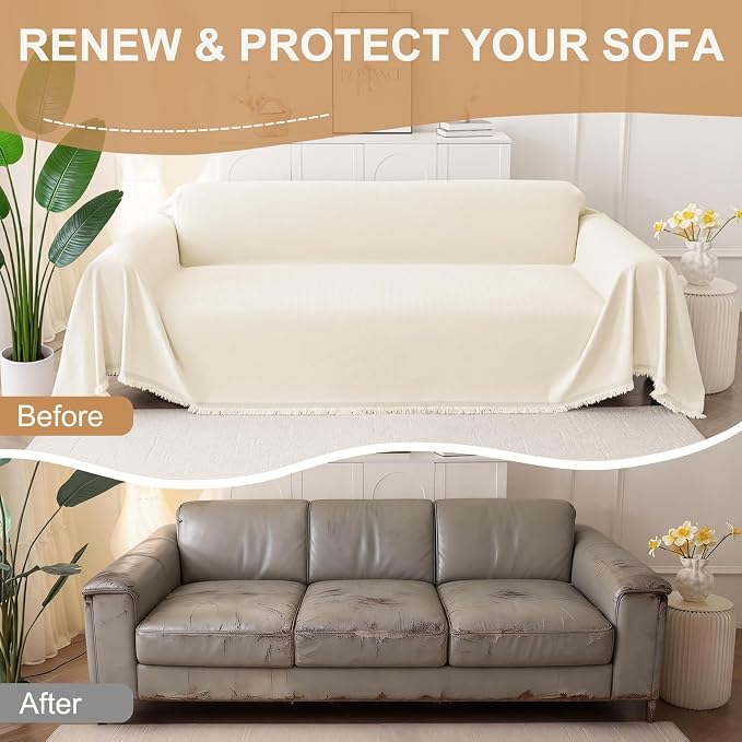 Smiry Couch Cover for Dogs, Chenille Sofa Covers for 3 Cushion Couch | Washable Soft Sofa Slipcover for Pets, Thick Sectional Furniture Protector with Tassels (Beige, 71x91 Inch) - Image 8